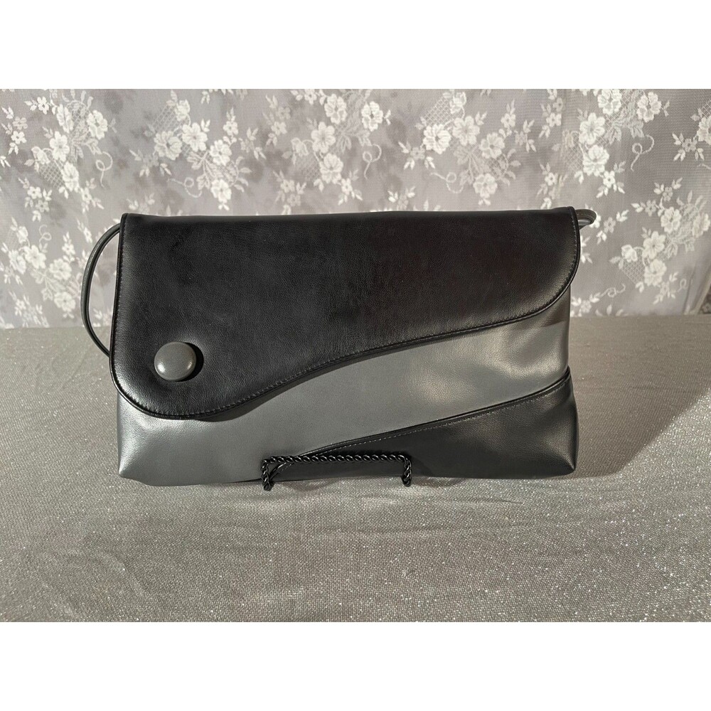Vintage 80s Gray & Black Handbag 1980s Retro New Wave Goth Pleather Shoulder Bag